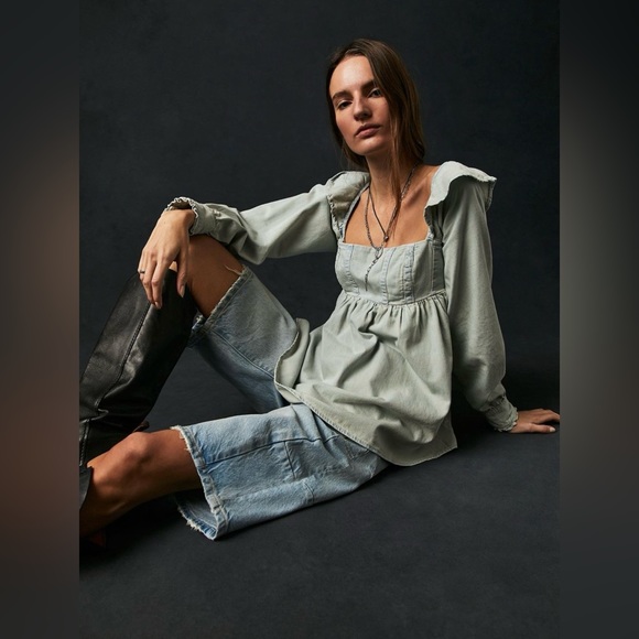 Nwot | Free People About You Denim Babydoll Tunic Dress Top | Large - Picture 5 of 7